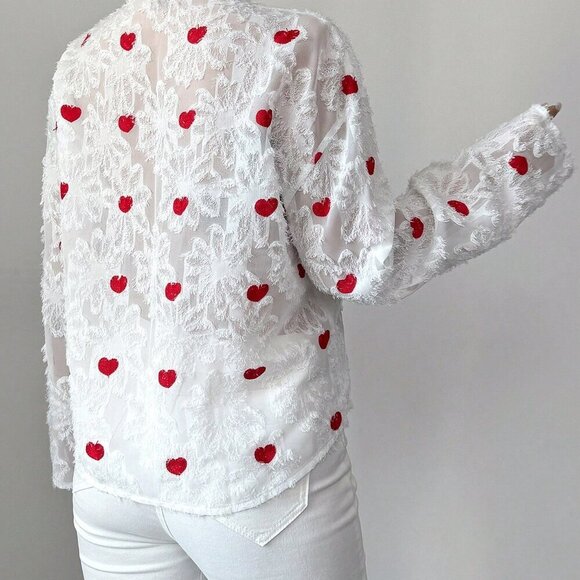 Red And White Casual Women's Contrast Heart Cut-Out Tie Up Blouse - Picture 2 of 6